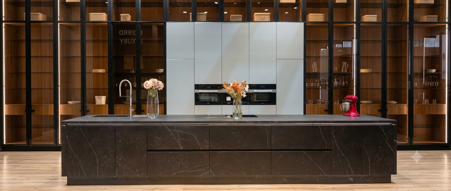 Bright luxury kitchen with large windows and natural daylight