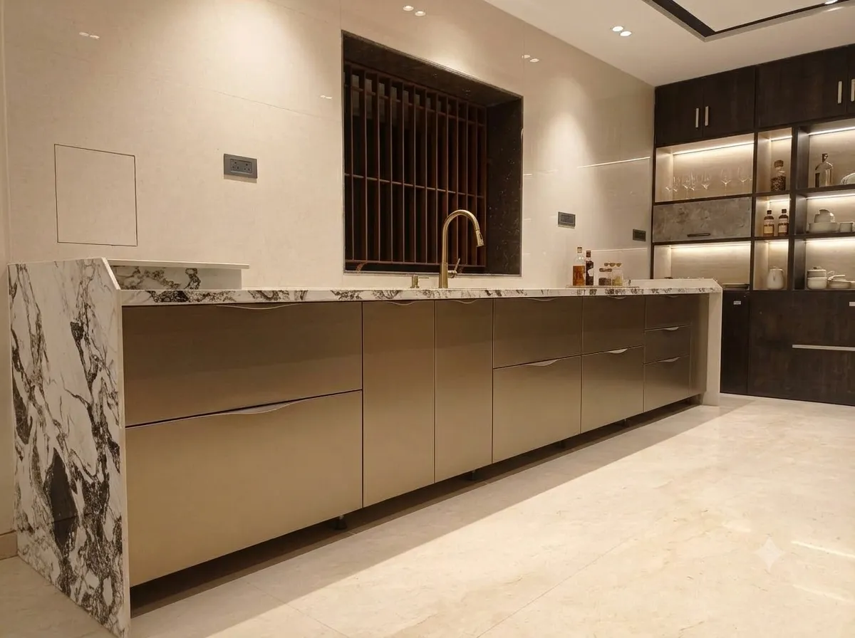 The island from the centre of the kitchen