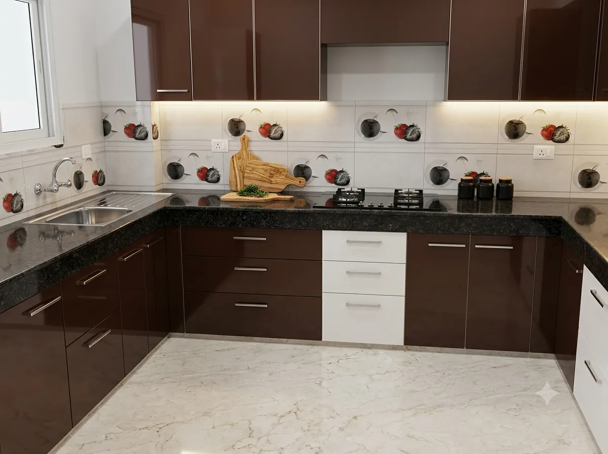 The cooking counter with hob and tall units